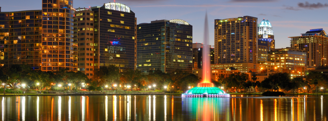 Skyline of Orlando, Florida at Lake Eola.